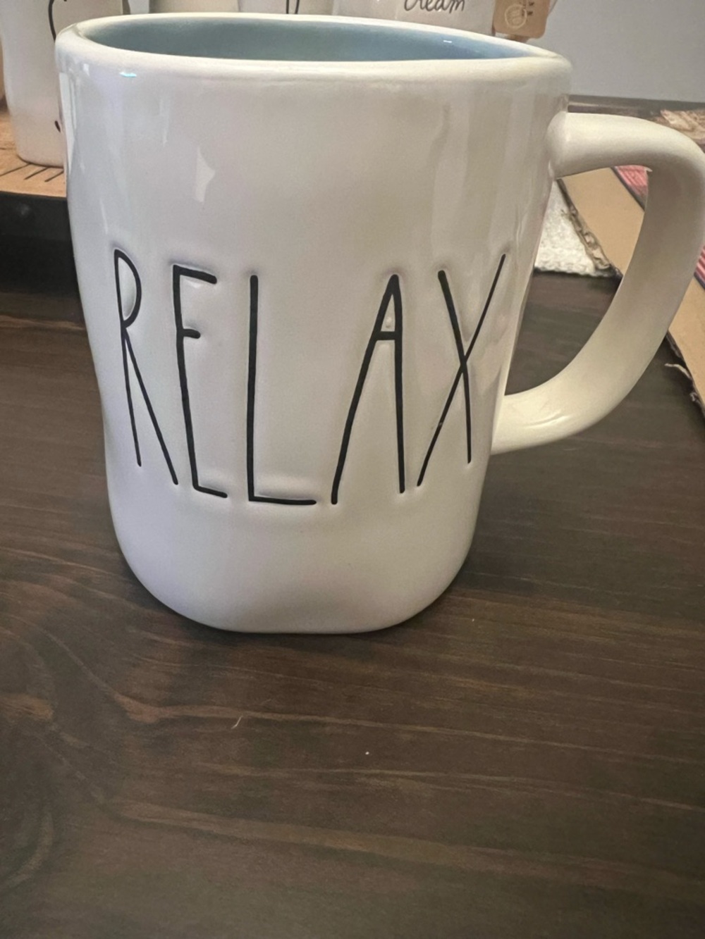 Rae Dunn Relax White Ceramic Mug with Light Blue Interior - Home Dining